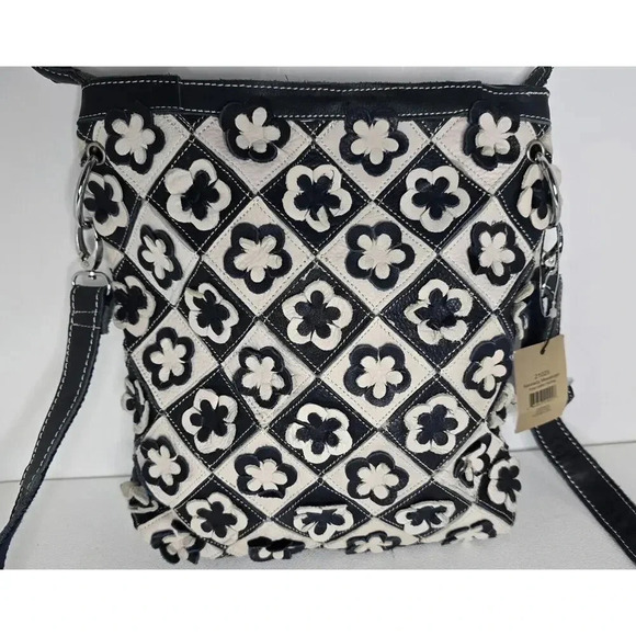 H2Z Leather 3D Floral Navy/Lt. Gray Crossbody Purse Boho Hippie Retro UPCYCLED - Picture 6 of 10